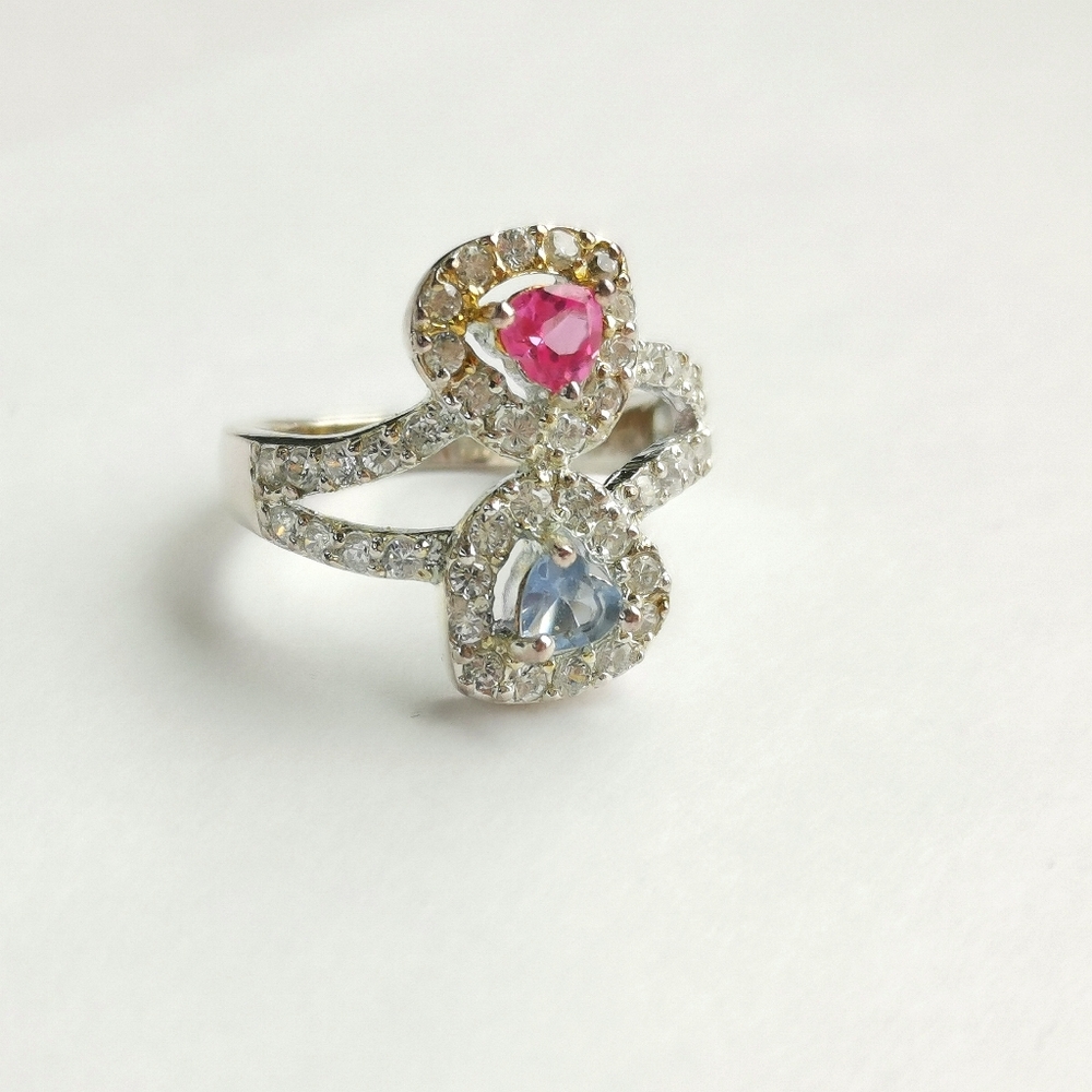 Pear Cut Pink and Blue Topaz  Ring Toi et Moi Size 6.5